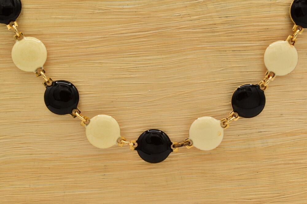 Vintage Black White Necklace Enamel Chain Gold Round Dot Circle Linked BinA17